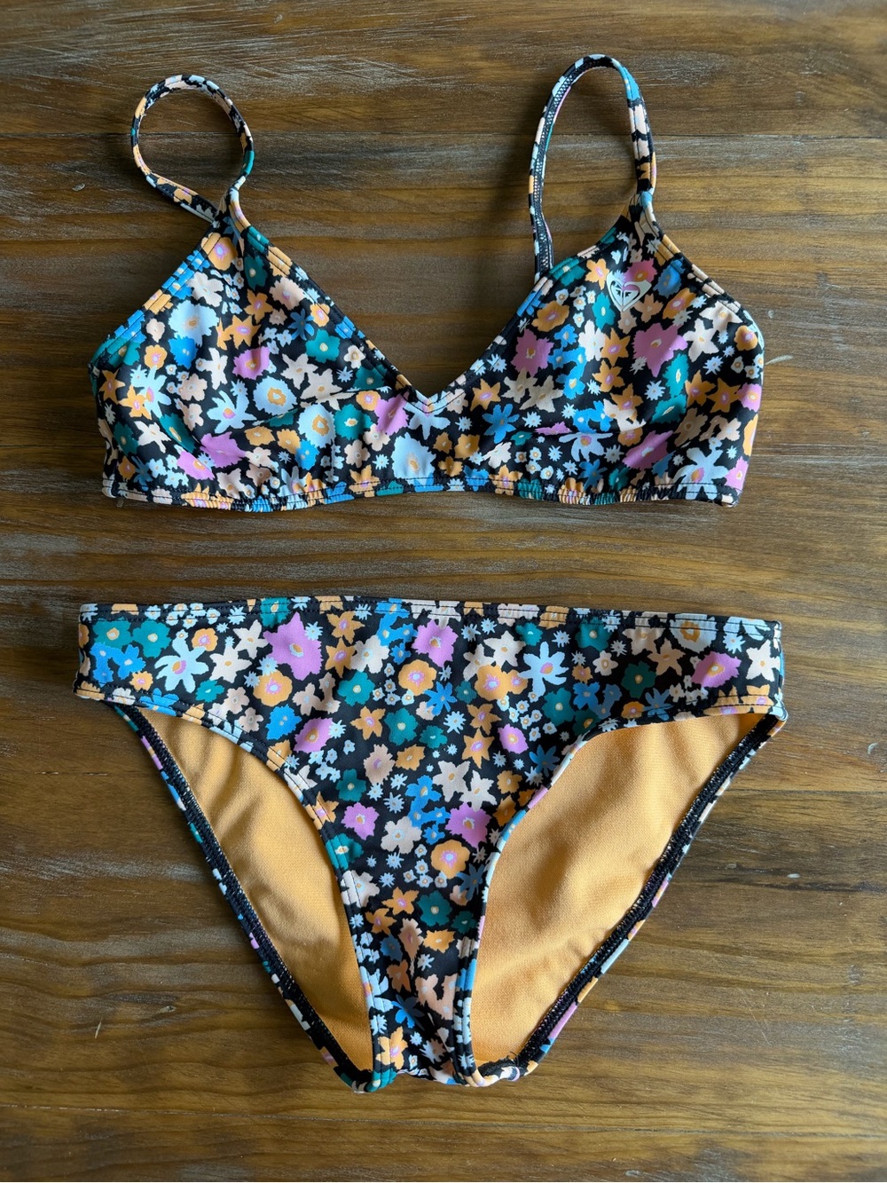 Roxy Girl Floral Bikini Top in Mustard, Black, Teal & Purple